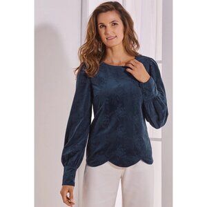 Soft Surroundings Corinthia Velvet Top Size L Blue Scallop Ballon Long Sleeves